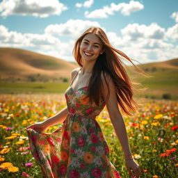 A beautiful young woman with long, flowing brown hair, wearing a vibrant floral summer dress, standing in a sunlit field filled with colorful wildflowers