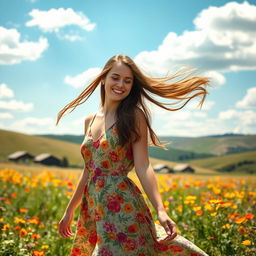 A beautiful young woman with long, flowing brown hair, wearing a vibrant floral summer dress, standing in a sunlit field filled with colorful wildflowers