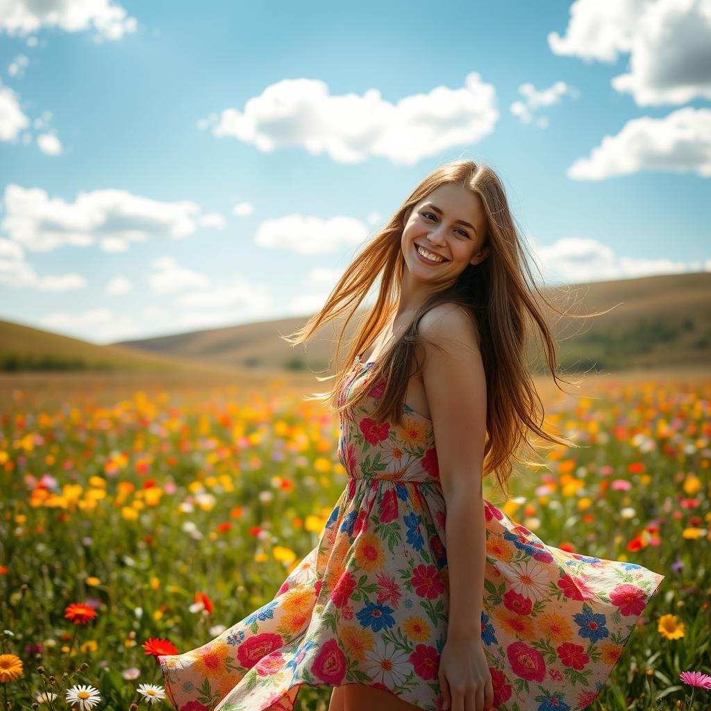 A beautiful young woman with long, flowing brown hair, wearing a vibrant floral summer dress, standing in a sunlit field filled with colorful wildflowers