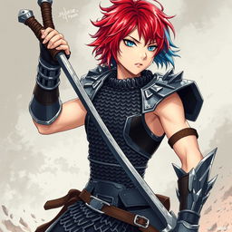 A fierce human fighter holding a massive buster sword, featuring short hair that blends vibrant fire red with icy blue