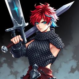 A fierce human fighter holding a massive buster sword, featuring short hair that blends vibrant fire red with icy blue