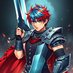 A fierce human fighter holding a massive buster sword, featuring short hair that blends vibrant fire red with icy blue