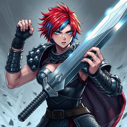 A fierce human fighter holding a massive buster sword, featuring short hair that blends vibrant fire red with icy blue