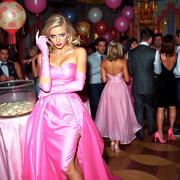 A striking blonde and busty prom queen wearing elegant pink elbow-length gloves, a beautiful pink strapless prom gown, and stylish pink nylons