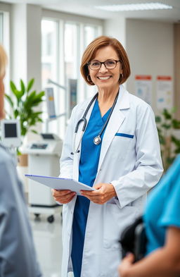 A serene and professional doctor in a modern hospital setting, dressed in a white coat and blue scrubs, with a stethoscope around their neck