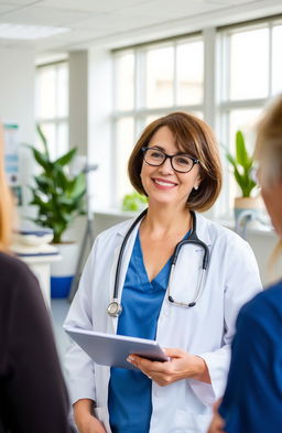 A serene and professional doctor in a modern hospital setting, dressed in a white coat and blue scrubs, with a stethoscope around their neck