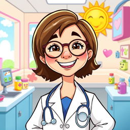 A cheerful cartoon doctor in a vibrant animated style, wearing a white coat and blue scrubs, with a stethoscope around their neck