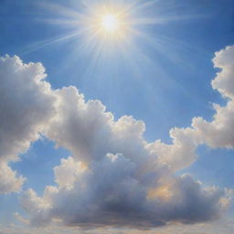 A hyperrealistic painting of a clear sky with fluffy white clouds and a radiant sun shining brightly