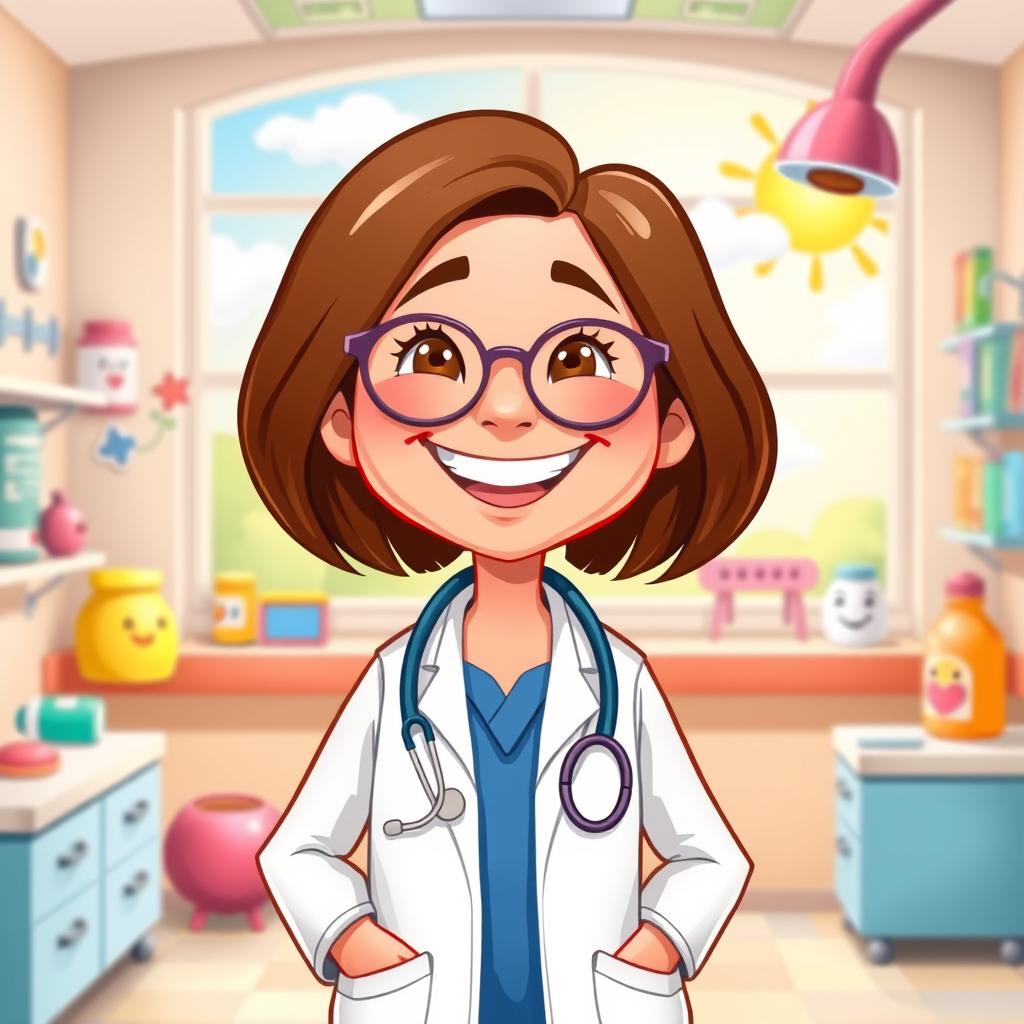 A cheerful cartoon doctor in a vibrant animated style, wearing a white coat and blue scrubs, with a stethoscope around their neck