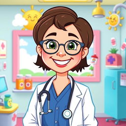 A cheerful cartoon doctor in a vibrant animated style, wearing a white coat and blue scrubs, with a stethoscope around their neck