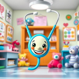 A colorful cartoon stethoscope, designed with playful and exaggerated features