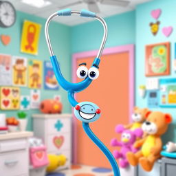 A colorful cartoon stethoscope, designed with playful and exaggerated features