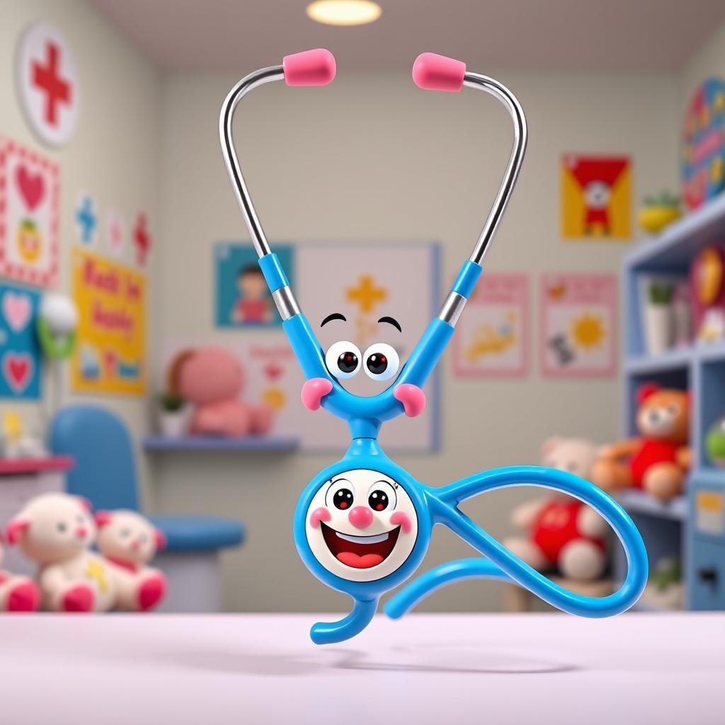 A colorful cartoon stethoscope, designed with playful and exaggerated features