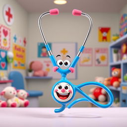 A colorful cartoon stethoscope, designed with playful and exaggerated features