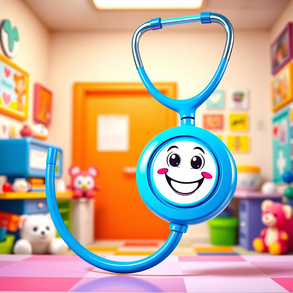 A colorful cartoon stethoscope, designed with playful and exaggerated features