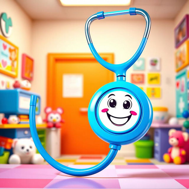 A colorful cartoon stethoscope, designed with playful and exaggerated features