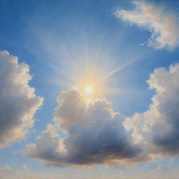 A hyperrealistic painting of a clear sky with fluffy white clouds and a radiant sun shining brightly