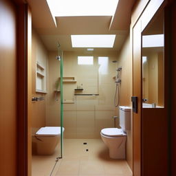 A bathroom design within a room of dimensions 2.15 meters by 1.20 meters. In this snug layout, please include a bathtub containing a shower, a toilet, and a sink.