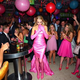 A striking blonde and busty prom queen wearing elegant pink elbow-length gloves, a beautiful pink strapless prom gown, and stylish pink nylons stands at a lively party beside a drinks table