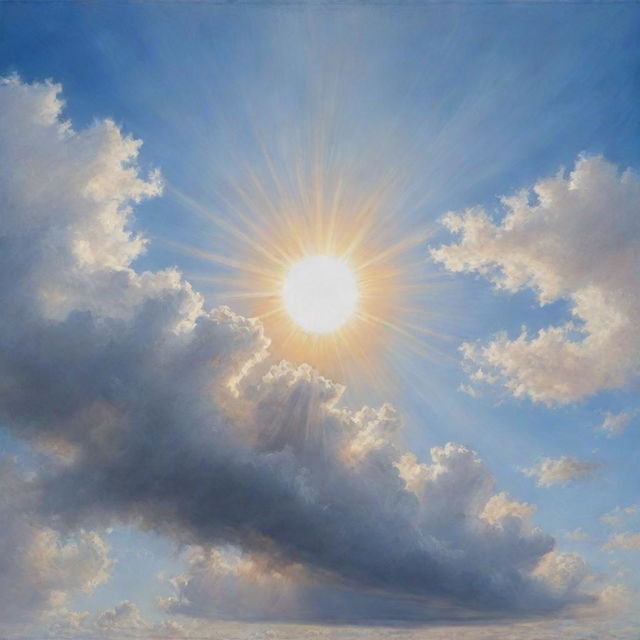 A hyperrealistic painting of a clear sky with fluffy white clouds and a radiant sun shining brightly