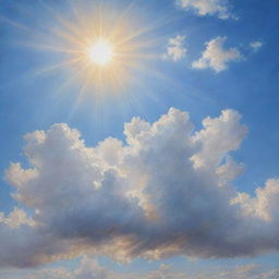 A hyperrealistic painting of a clear sky with fluffy white clouds and a radiant sun shining brightly