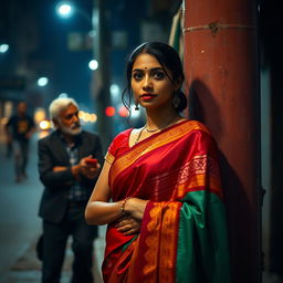 A poignant street scene featuring an Indian woman dressed in a colorful saree, elegantly draped, standing on a street corner with an air of confidence