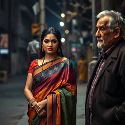 A poignant street scene featuring an Indian woman dressed in a colorful saree, elegantly draped, standing on a street corner with an air of confidence