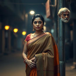 A poignant street scene featuring an Indian woman dressed in a colorful saree, elegantly draped, standing on a street corner with an air of confidence