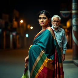 A poignant street scene featuring an Indian woman dressed in a colorful saree, elegantly draped, standing on a street corner with an air of confidence