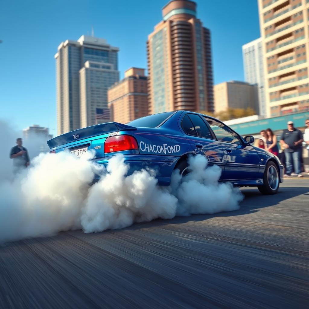 A 1998 Ford Falcon AU performing an impressive burnout on a city street