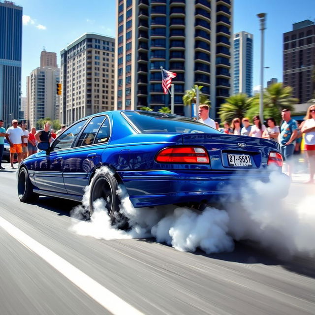 A 1998 Ford Falcon AU performing an impressive burnout on a city street