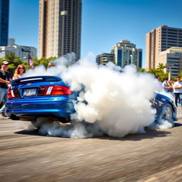 A 1998 Ford Falcon AU performing an impressive burnout on a city street