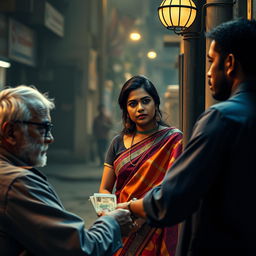 A vivid street scene featuring an Indian woman dressed in a colorful saree, standing on a street corner with an air of determination and allure