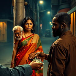 A vivid street scene featuring an Indian woman dressed in a colorful saree, standing on a street corner with an air of determination and allure