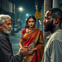 A vivid street scene featuring an Indian woman dressed in a colorful saree, standing on a street corner with an air of determination and allure