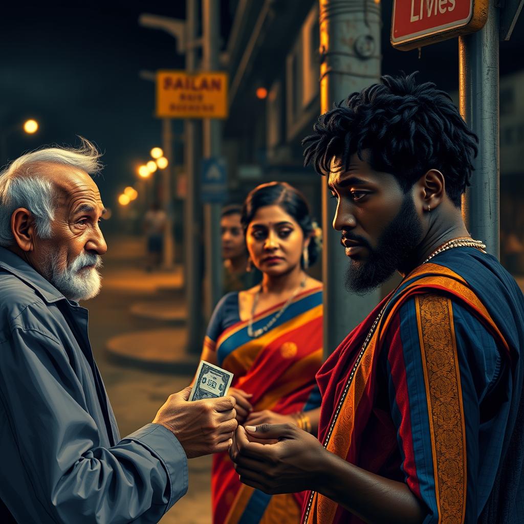 A vivid street scene featuring an Indian woman dressed in a colorful saree, standing on a street corner with an air of determination and allure