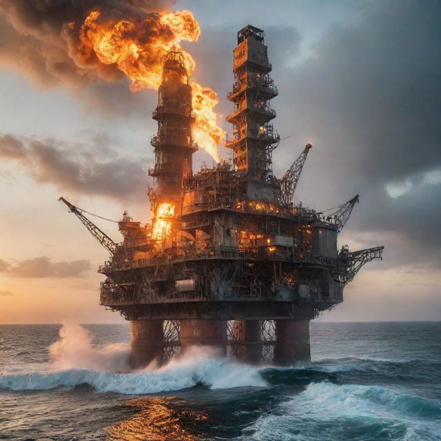 A blazing firepunk oil rig, adorned with flaring exhausts, burning coals, and molten metal components, cast against a backdrop of turbulent, Fire-tinted ocean waves under a sun-scorched sky.