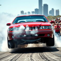 A 2000 Ford Falcon AU captured from the front, performing a dramatic burnout