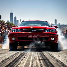 A 2000 Ford Falcon AU captured from the front, performing a dramatic burnout