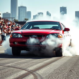 A 2000 Ford Falcon AU captured from the front, performing a dramatic burnout