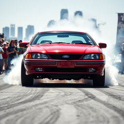 A 2000 Ford Falcon AU captured from the front, performing a dramatic burnout