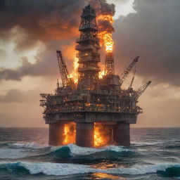 A blazing firepunk oil rig, adorned with flaring exhausts, burning coals, and molten metal components, cast against a backdrop of turbulent, Fire-tinted ocean waves under a sun-scorched sky.