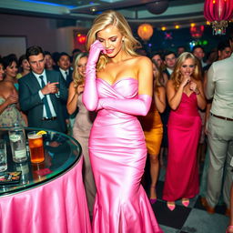 A busty blonde prom queen in a beautiful pink strapless prom gown with a dramatic front split stands by a drinks table at a vibrant party