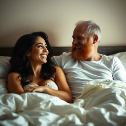 A short Latina woman and a mature white man with an auburn beard, both in bed together