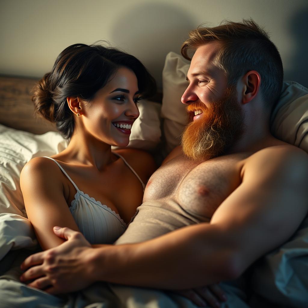 A short Latina woman and a mature white man with an auburn beard, both in bed together