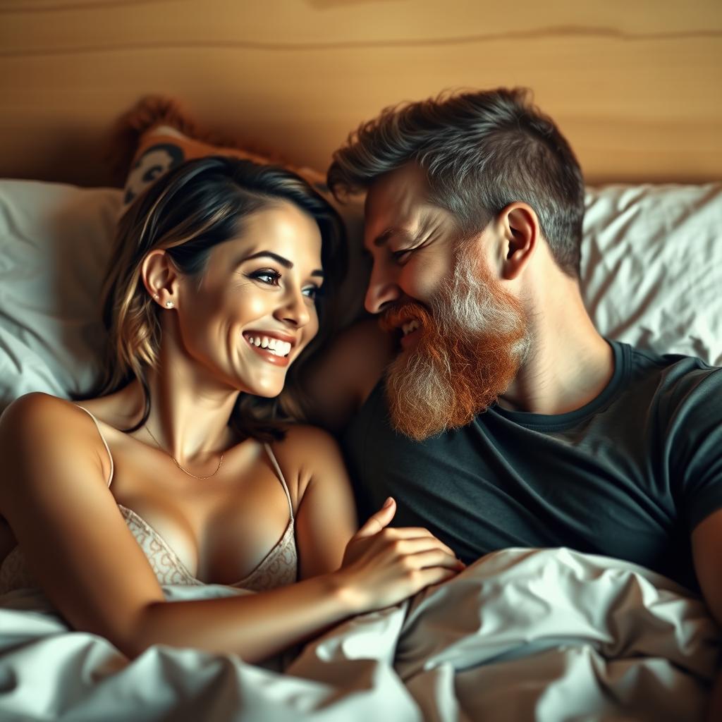 A short Latina woman and a mature white man with an auburn beard, both in bed together