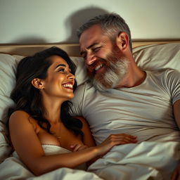 A short Latina woman and a mature white man with an auburn beard, both in bed together