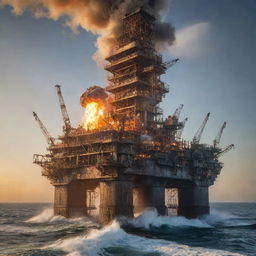 A blazing firepunk oil rig, adorned with flaring exhausts, burning coals, and molten metal components, cast against a backdrop of turbulent, Fire-tinted ocean waves under a sun-scorched sky.