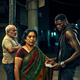 A compelling street scene featuring a middle-aged Indian woman dressed in a vibrant saree, standing on a street corner with an air of resilience