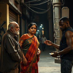 A compelling street scene featuring a middle-aged Indian woman dressed in a vibrant saree, standing on a street corner with an air of resilience